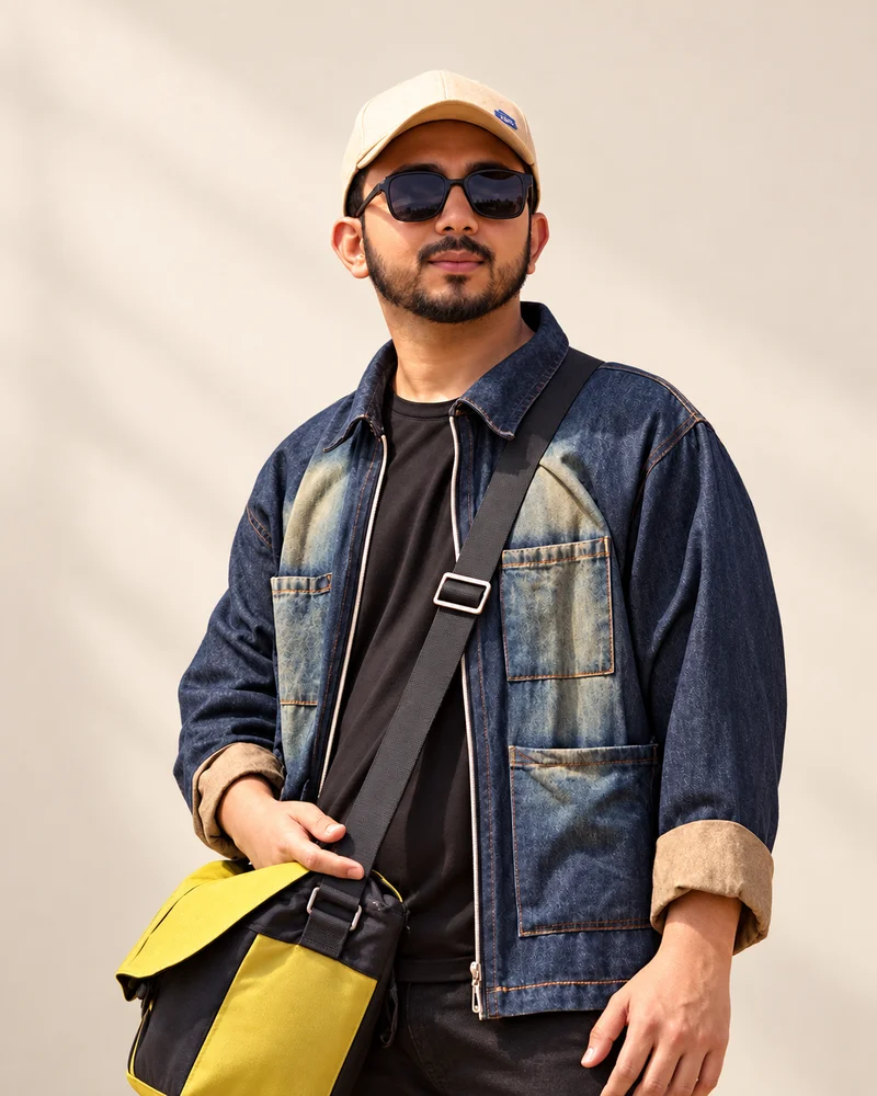Muhammad Kashif in a denim jacket, cream cap and sunglasses